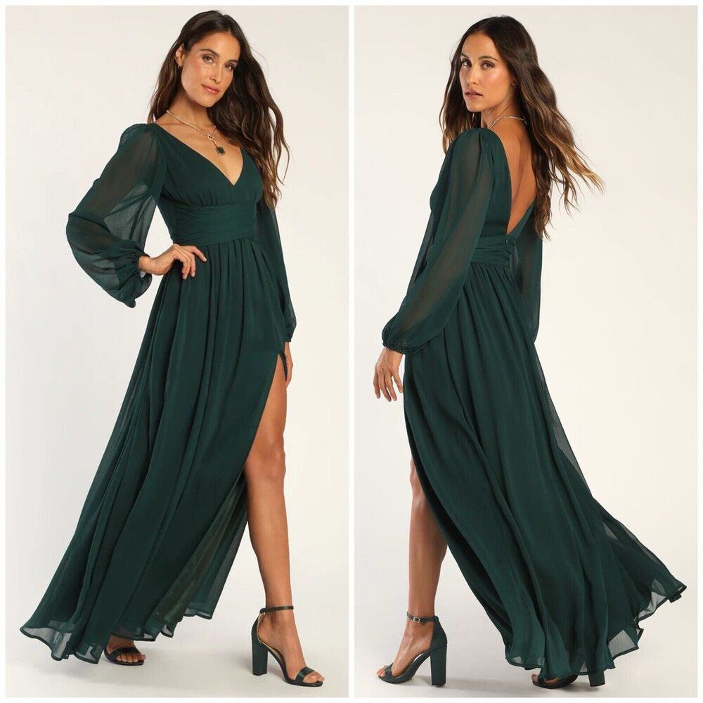 Lulus Enchant My Love Emerald Green V Neck Long Sleeve Maxi Dress, Size XL, NWOT